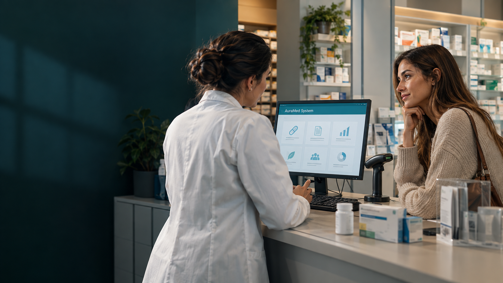 A female pharmacist counselling a young woman, with an illustrative AuraMed System dashboard on the computer in front of her
